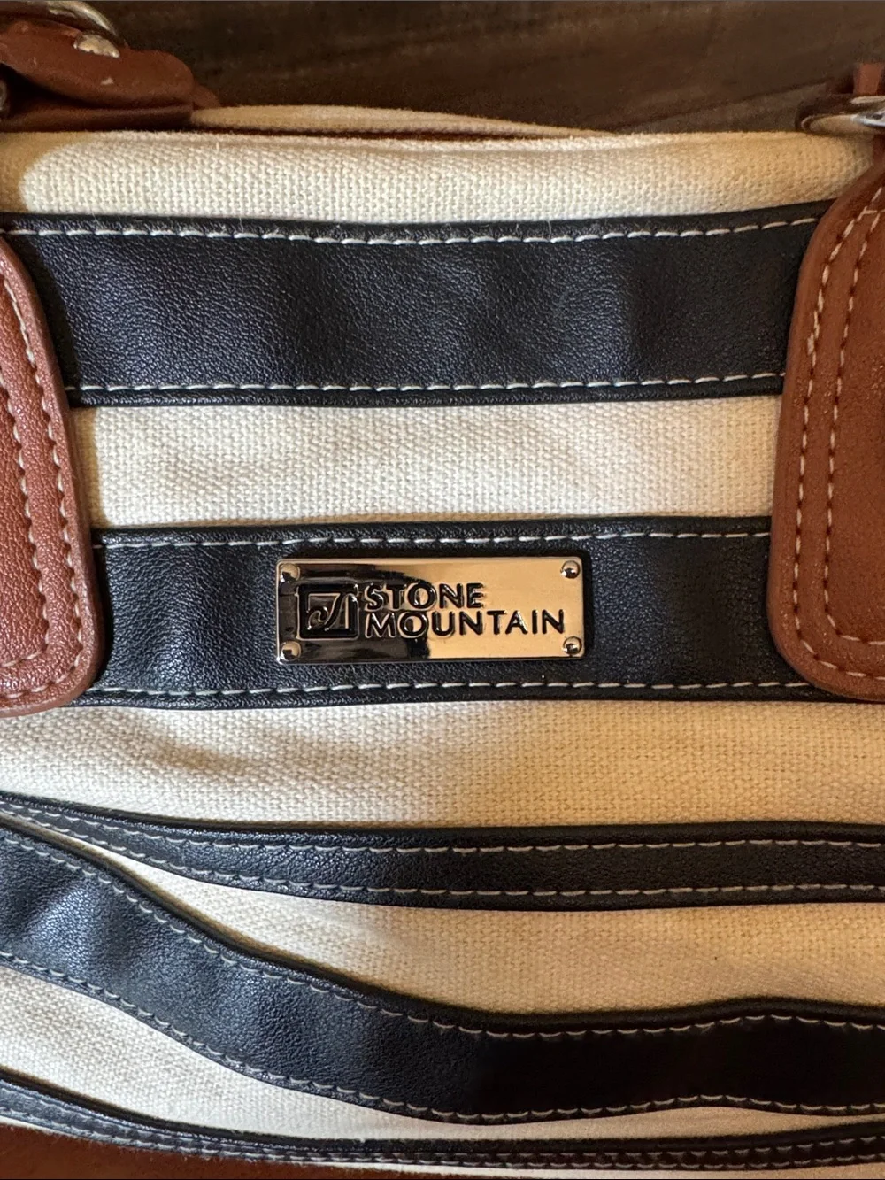 Stone Mountain Black and Cream Striped Shoulder Bag with Tan Braided Handles